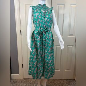 Boden Green Floral Maxi Dress with Waist Tie